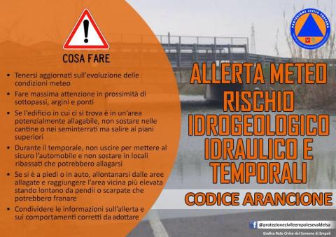 Allerta Codice ARANCIONE per i rischi IDROGEOLOGICO-IDRAULICO RETICOLO MINORE e TEMPORALI FORTI