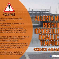 Allerta Codice ARANCIONE per i rischi IDROGEOLOGICO-IDRAULICO RETICOLO MINORE e TEMPORALI FORTI